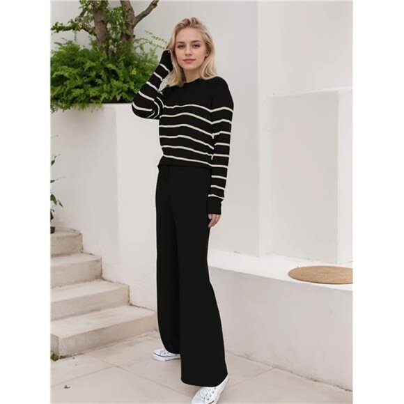 NEW - Black Women'S Knit Sweater Set - Pullover Striped Top With Long Pants - Picture 3 of 8